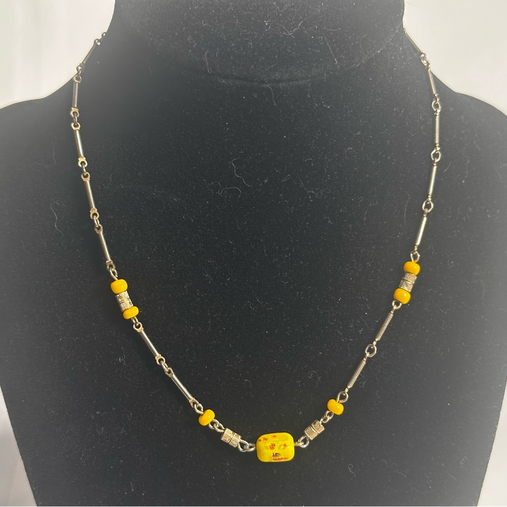 Yellow Glass Beads & Gold Tone Link Choker Necklace Boho Chic Feminine Delicate